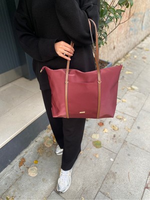 Purpleart Kadın Bordo - Taba Büyük Boy Fermuar Kapamalı Paraşüt Kumaş Omuz Çantası 34X42CM