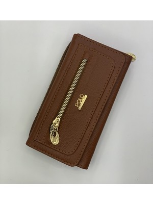 Purpleart Kadın Taba Polo Armalı Mıknatıs Kapaklı Büyük Boy Yatay Cüzdan 10X19X5CM