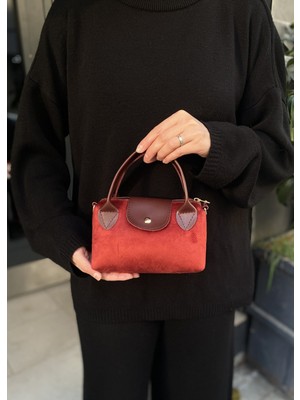 Purpleart Kadın Süet Bordo Mini El ve Omuz Çantası 13X20CM