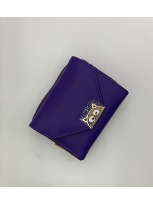 Purpleart Kadın Kedi Detaylı Üçgen Kapaklı Orta Boy Cüzdan 9X12X5CM
