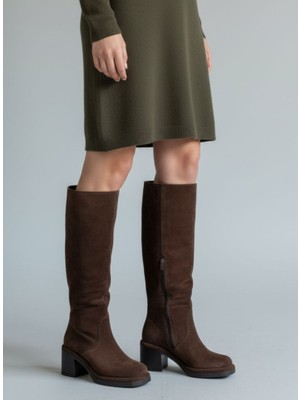 Cassido C1235 Hakiki Süet Deri 6 cm Topuk Kadın Diz Altı Kahverengi Süet Çizme