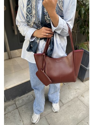 Purpleart Kadın Bordo Mini Cüzdan Hediyeli Büyük Boy Omuz Çantası 25X40CM