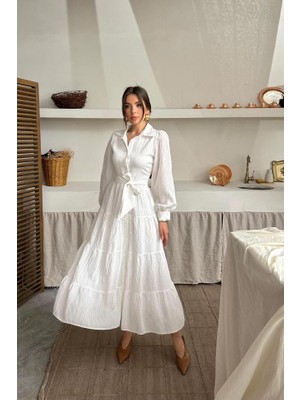 Etiler Collection Ekru Çizgi Desenli Uzun Elbise