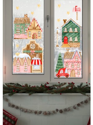 Wallhuman Yılbaşı- Renkli Kış Evleri Çocuk Bebek Odası Sticker Seti , Yılbaşı Süsü Yeni Yıl Kış Konsepti