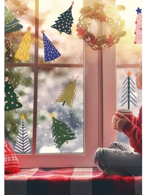 Wallhuman Yılbaşı-Renkli Noel Ağacı Çocuk Bebek Odası Sticker Seti , Yılbaşı Süsü Yeni Yıl Kış Konsepti