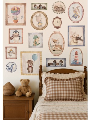 Wallhuman Masal Kahramanları Çocuk Odası Duvar Sticker Seti 15 Parça– Pastel Vintage Hayvan Illüstrasyonları