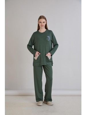 Sortie Collection Kadın Cepleri Deri Garnili Baskılı Haki Eşofman Takımı