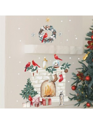 Wallhuman Yılbaşı-Noel Şömine Çocuk Bebek Odası Sticker Seti , Yılbaşı Süsü Yeni Yıl Kış Konsepti
