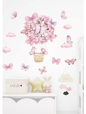 Wallhuman Pembe Kelebekli Sıcak Hava Balonu Çocuk Odası Duvar Stickerı
