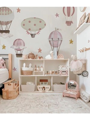 Wallhuman Pastel Pembe Uçan Balon ve Yıldızlar Duvar Sticker Seti