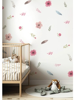Wallhuman Renkli Tüyler ve Çiçekler Çocuk Odası Duvar Stickerı