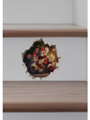 Wallhuman Duvar Deliğinde Sevimli Yılbaşı Fareleri Stickerı (3d Görünümlü)