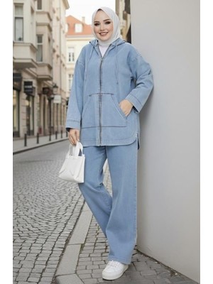 Kadın Kapüşonlu Cepli Kot Mavi Tunik Pantolon Takım