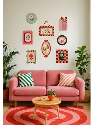 Wallhuman Retro Bloom Çerçeve Desenli Duvar Sticker Seti 8 Parça – Renkli Çiçekli Vintage Dekor