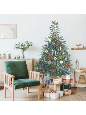 Wallhuman Yılbaşı-Retro Yılbaşı Ağacı Çocuk Bebek Odası Sticker Seti , Yılbaşı Süsü Yeni Yıl Kış Konsepti