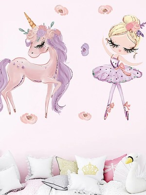Wallhuman Lila Balerin Kız ve Ünicorn Çocuk Odası Duvar Stickerı