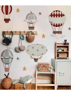 Wallhuman Uçan Kırmızı Balon ve Yıldızlar Çocuk Odası Duvar Sticker