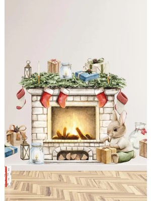 Wallhuman Yılbaşı-Şömine Başında Tavşan Çocuk Bebek Odası Sticker Seti , Yılbaşı Süsü Yeni Yıl Kış Konsepti