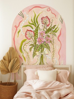 Wallhuman Romantik Çiçek Buketi Oval Duvar Stickerı, Pembe ve Turuncu Renk Seçenekli - 95X130CM