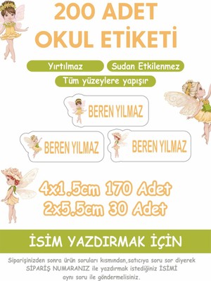 Wallhuman Peri Kızı Temalı 200 Adet Okul Etiketi Kalem Defter Özel Isim Yazılabilen Etiket