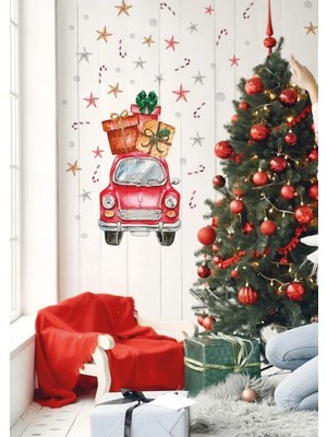 Wallhuman Yılbaşı-Noel Hediye Arabası Çocuk Bebek Odası Sticker Seti , Yılbaşı Süsü Yeni Yıl Kış Konsepti