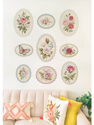 Wallhuman Vintage Roses Çiçek Desenli Duvar Sticker Seti 9 Parça – Dantelli Çerçeve Gül Temalı Dekor