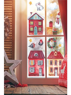 Wallhuman Kırmızı Yılbaşı Evleri Cam ve Duvar Stickerı