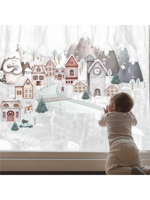 Wallhuman Yılbaşı-Karlı Evler Çocuk Bebek Odası Sticker Seti , Yılbaşı Süsü Yeni Yıl Kış Konsepti
