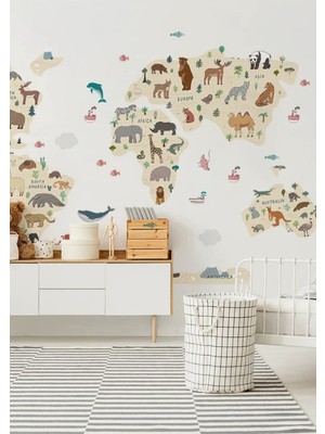 Wallhuman Animals World Dünya Haritası Bebek Çocuk Odası Anaokulu Kreş Duvar Stickerı