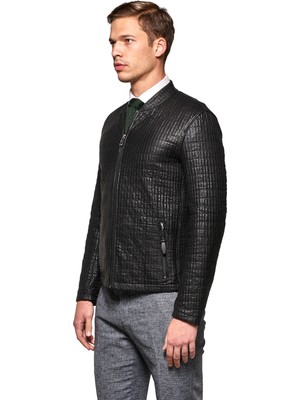 Pierre Cardin Erkek Slim Fit Hakiki Deri Ceket Fermuarlı Cepli Kolej Yaka