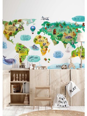 Wallhuman Renkli Dünya Haritası Çocuk Odası Duvar Stickerı