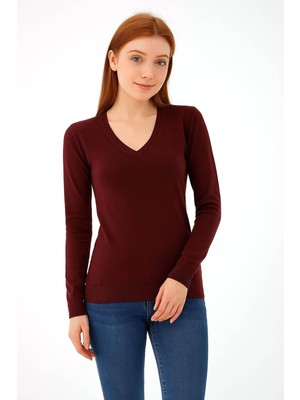 Fashion Friends Esnek V Yaka Bordo Kadın Kazak 25K0778K1