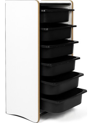 Bees Store Montessori Tarzı Beyaz Mdf 6 Siyah Çekmeceli Oyuncak ve Kitap Dolabı