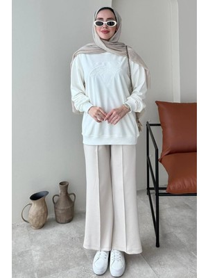 Tesettür Diyarı Çimalı Beli Lastikli Scuba Kumaş Tesettür Pantolon- Bej