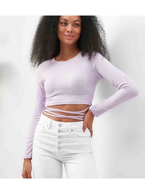 Lila Bağlama Detaylı Örme Crop Bluz