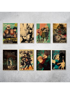Çılgıntrend Vintage Anime Jujutsu Kaisen Gojo Satoru 8’li Duvar Posteri Seti – 21 x 15 cm Retro Kağıt Poster