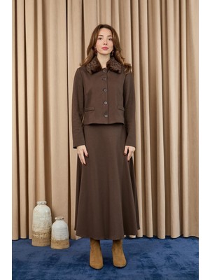 Puane Kadın Leopar Detaylı Crop Ceket Etek Takım -14408TKS