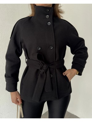 Asfa Moda Siyah Kruvaze Boğazlı Dik Yaka Düğmeli Apoletli Kaşe Kaban Mont