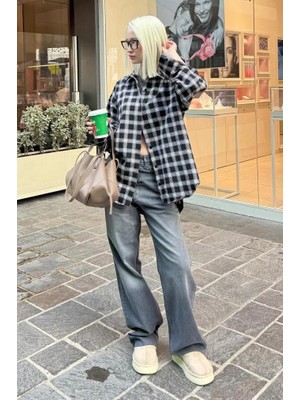Madmext Siyah Oversize Ekose Desenli Kadın Gömlek MG2589