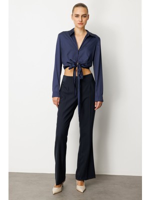 Ekol Kadın Beli Kalın Lastikli Ispanyol Paça Pantolon 1105 Lacivert