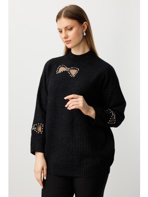 On Kadın Büyük Beden Taşlı Transparan Detaylı Triko Kazak 60306 Siyah