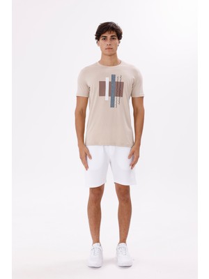 Ön Baskılı Geometrik Desenli Bisiklet Yaka Rahat Kalıp Nefes Alabilir Pamuklu Kısa Kollu Tişört