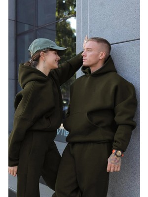 Yakamel Kadın Erkek Çiftlere Özel Haki 3 İplik Kalın Oversize Kapüşonlu Eşofman Takımı Yeni Sezon