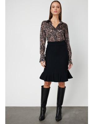 On Kadın Eteği Pileli Diz Üstü Triko Etek 65200 Siyah