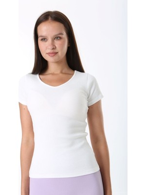 Rooted Kadın  Basic V Yaka T-Shirt ,fitilli Kaşkorse Kumaş Bluz