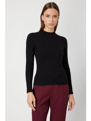 On Kadın Sıfır Yaka Örgü Desenli Triko Kazak 69314 Siyah