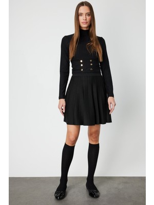 On Kadın Pileli Mini Triko Etek 65203 Siyah