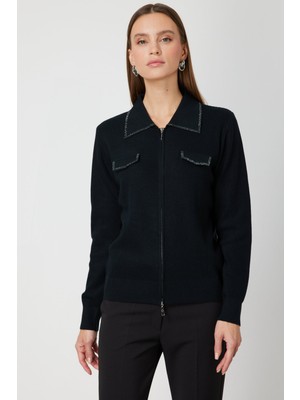 On Kadın Taş Işlemeli Triko Hırka 65926 Siyah