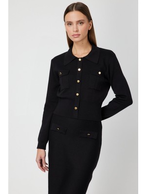 On Kadın Süs Düğmeli Kapak Cepli Triko Kazak 69507 Siyah