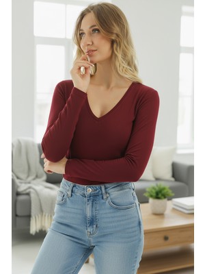 Almila Uzun Kollu V Yaka Slim Fit Kadın Body T-Shirt 2039-PAMUKLU Likralı Vücuda Oturan Bluz